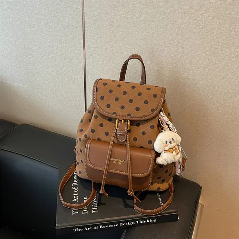 Trendy Polka Dot Casual Backpack For Women Wear Resistant PU Leather Stitching Flap School Backpack Travel Bag