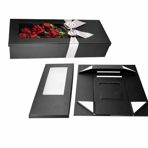 Boîte Cadeau Pliante Noire pour Fleurs avec Fenêtre Goutte Couvercle et Fond en Carton pour la Saint-Valentin Rose