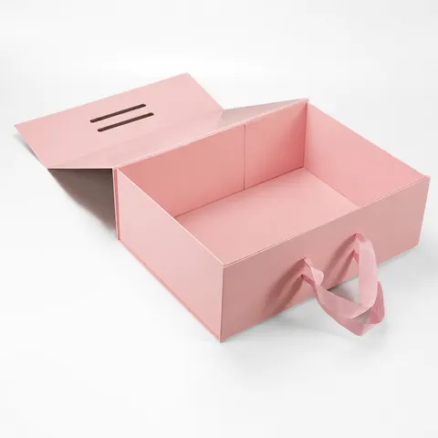 Large Foldable Gift Box With Ribbon Handle Hard Cardboard Storage Box For Shoes Clothing Present Packaging Box