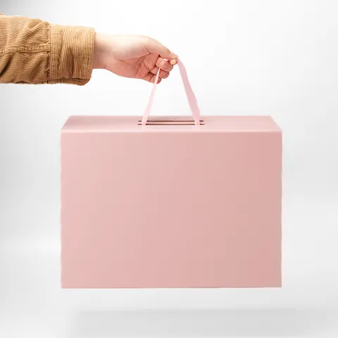 Large Foldable Gift Box With Ribbon Handle Hard Cardboard Storage Box For Shoes Clothing Present Packaging Box