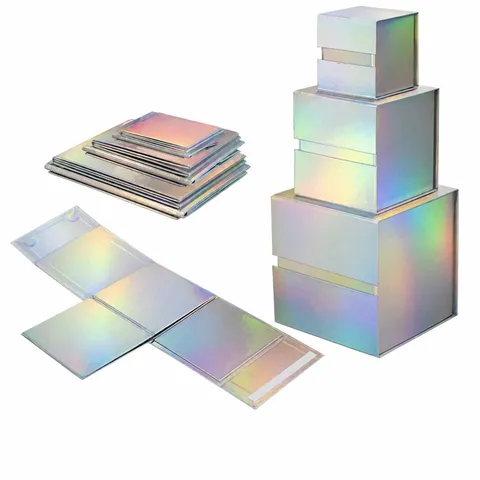Caja de Regalo Plegable Cuadrada Plata Láser Caja de Embalaje con Solapa Magnética Para Fiesta Decorativa Almacenamiento