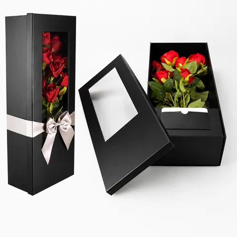 Foldable Paper Flower Gift Box With Window And Ribbon Large Rectangle Packaging Box For Valentine Day Rose Flower Present