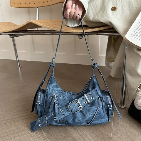 Femme Vintage Moto Sac Bandoulière Denim Casual Crossbody Sac Y2K Punk Chic Sac à Main Rétro Rivet Satchel