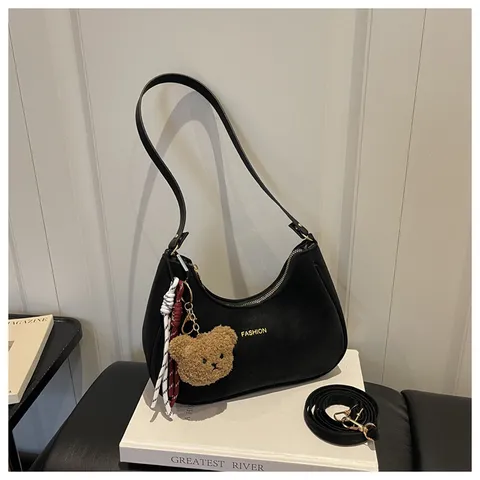 Bolso de Axila de Cuero Sintético Retro para Mujer Bolso de Hombro Hobo Minimalista Con Lindo Colgante de Oso Bolso de Moda