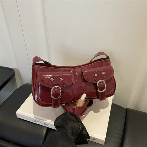 Vintage PU Leather Underarm Baguette Bag For Women Minimalist Moto Style Shoulder Bag With Front Pockets Metal Buckles Design