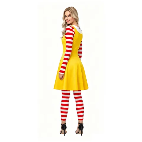 Costume de Cosplay d'Halloween pour Femmes Robe Rayée Rouge Jaune Manches Longues Haut Leggings Ensemble Fête Scène