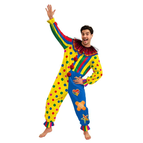 Herren Halloween Klassischer Clown Jumpsuit Bunte Streifen Punkte Pompons Cosplay Kostüm Party Outfit