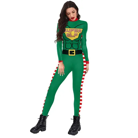 Damen Weihnachten Digitaldruck Muskel Jumpsuit Slim Fit Karneval Cosplay Bodysuit Langarm Performance Kostüm Festliche Partykleidung
