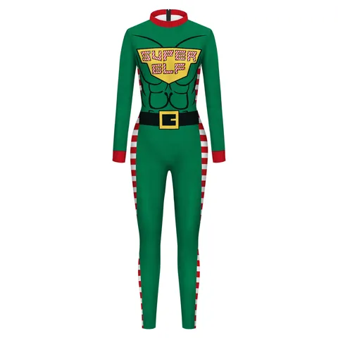 Damen Weihnachten Digitaldruck Muskel Jumpsuit Slim Fit Karneval Cosplay Bodysuit Langarm Performance Kostüm Festliche Partykleidung