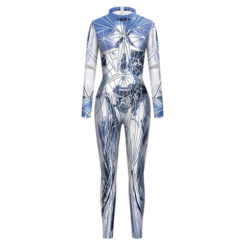 Damen Digitaldruck Performance Overall Eng Zerbrochene Spiegel Geometrische Linien Langarm Stehkragen Cosplay Bühne Kleidung