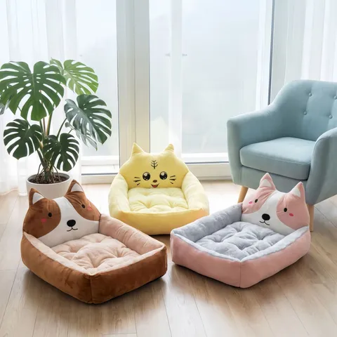 Cute Cartoon Dog Bed Cat Bed Plush Warm Soft Pet Sleeping Bed With Animal Headrest Thickened PP Cotton Filling Pet Supplies