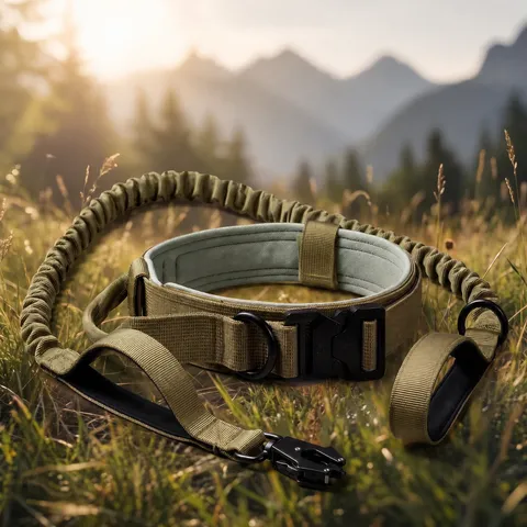 Tactical Dog Collar And Leash Set Heavy Duty Anti Pull Training Pet Collar With Bungee Handle For Medium Large Dogs