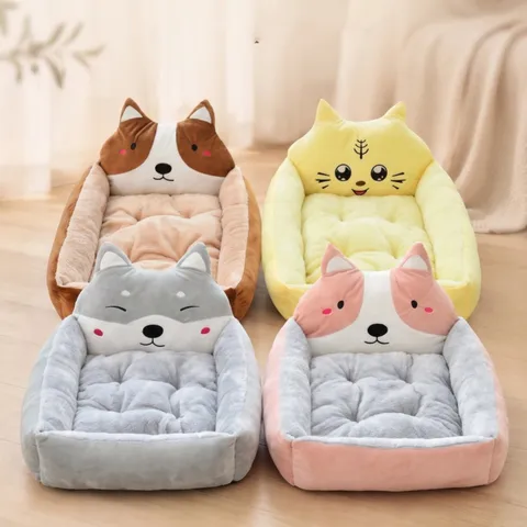 Cute Cartoon Dog Bed Cat Bed Plush Warm Soft Pet Sleeping Bed With Animal Headrest Thickened PP Cotton Filling Pet Supplies