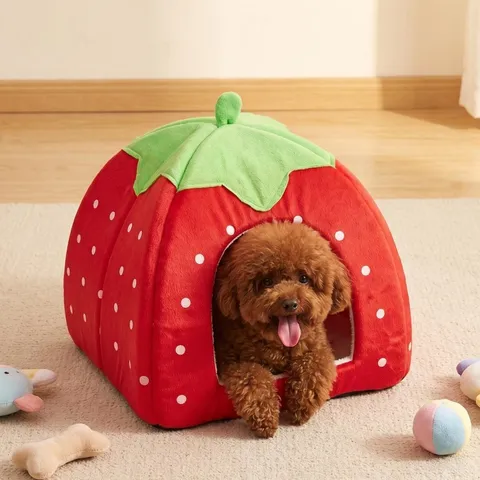 Four Seasons Universal Strawberry Pet House Cute Polka Dot Leopard Print Plush Cat Dog Cave Bed Warming Tent Pet Supplies