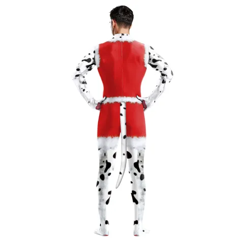 Christmas Dalmatian Print Bodysuit Women Men Cosplay Costume Full Body Tight Jumpsuit Polyester Spandex Party Wear Tail