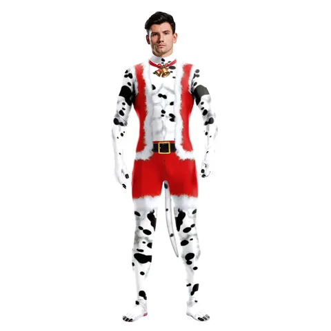 Christmas Dalmatian Print Bodysuit Women Men Cosplay Costume Full Body Tight Jumpsuit Polyester Spandex Party Wear Tail