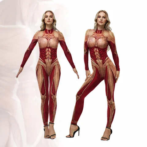 Women 3D Digital Print Muscle Anatomy Cosplay Jumpsuit Long Sleeve Slim Fit Stage Performance Party Bodysuit