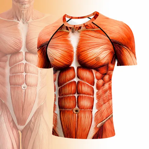 Chemise de Compression à Imprimé Musculaire 3D pour Hommes Manches Courtes Couche de Base d'Entraînement Sportif Haut de Fitness Respirant