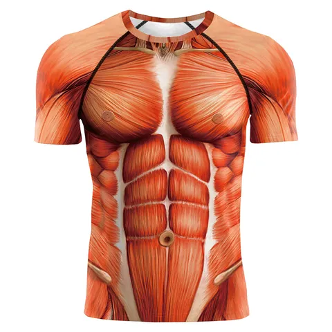 Chemise de Compression à Imprimé Musculaire 3D pour Hommes Manches Courtes Couche de Base d'Entraînement Sportif Haut de Fitness Respirant