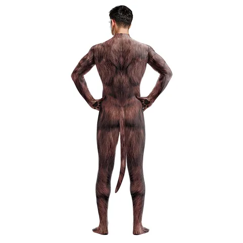 Tuta Aderente Cosplay Animale con Stampa Muscoli Orso Bruno Realistico per Uomo Tuta Integrale con Coda per Spettacolo Teatrale Festa