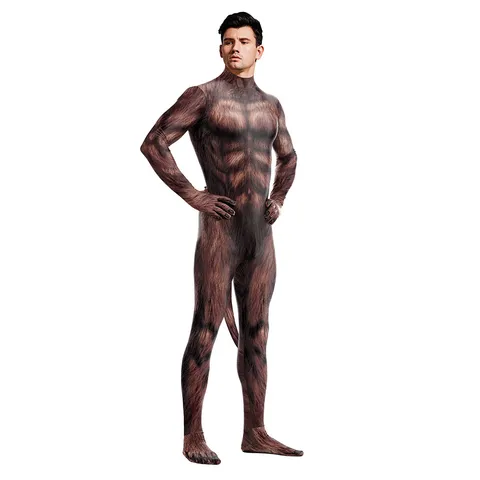 Tuta Aderente Cosplay Animale con Stampa Muscoli Orso Bruno Realistico per Uomo Tuta Integrale con Coda per Spettacolo Teatrale Festa