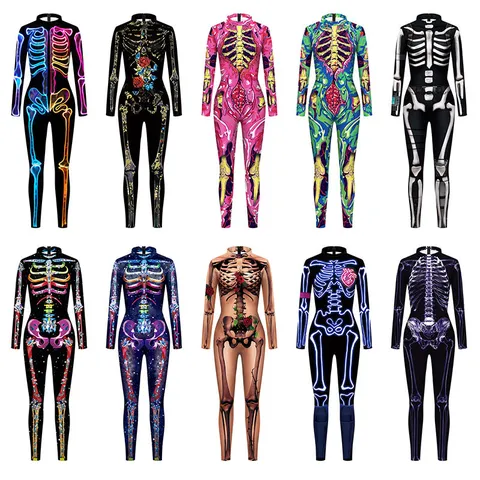 Damen Halloween Buntes Skelett Druck Jumpsuit Dunkler Stil Langarm Stehkragen Slim Fit Body Party Cosplay
