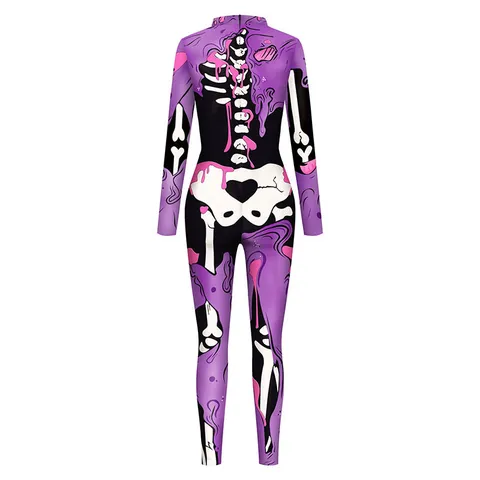 Combinaison Slim à Manches Longues Col Montant Imprimé Squelette Halloween pour Femmes Costume Cosplay Fête Body