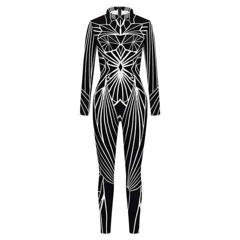 Damen Digital Bedruckt Langarm Stehkragen Jumpsuit Elastisch Slim Fit Cosplay Bodysuit Party Kostüm