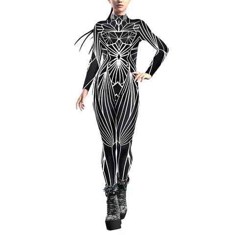 Damen Digital Bedruckt Langarm Stehkragen Jumpsuit Elastisch Slim Fit Cosplay Bodysuit Party Kostüm