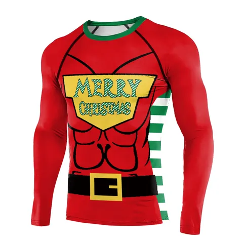 Herren Weihnachten 3D Digitaldruck Muskel Kompressionsshirt Langarm Rundhalsausschnitt Slim Fit Sportshirt Oberteil