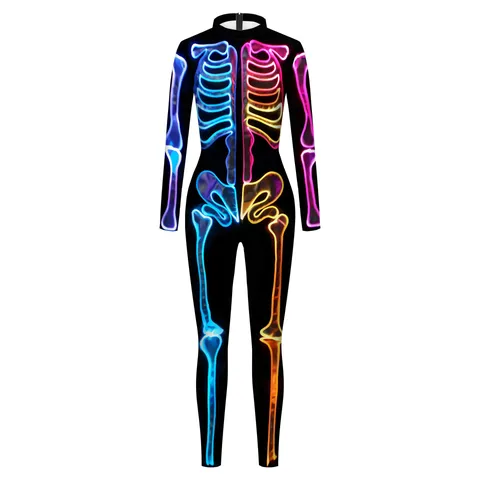 Damen Halloween Buntes Skelett Druck Jumpsuit Dunkler Stil Langarm Stehkragen Slim Fit Body Party Cosplay