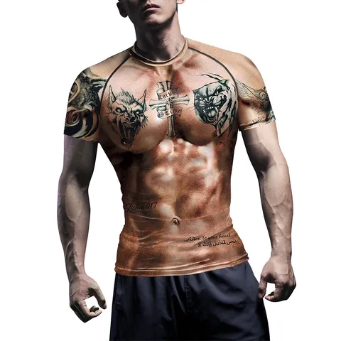 Homme Compression Maillot de Sport Impression Numérique Tatouage Muscle Manches Longues Courtes Slim Fit Sport Fitness Top