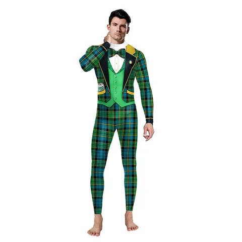 St. Patrick's Day Erwachsenen Festival Performance Jumpsuit Kleeblatt Karo Bedruckt Langarm Slim Fit Party Kostüm