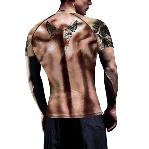 Homme Compression Maillot de Sport Impression Numérique Tatouage Muscle Manches Longues Courtes Slim Fit Sport Fitness Top