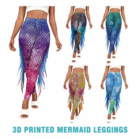 Leggings Stampati a Squame di Pesce Sirena da Donna Vita Alta Push-Up 3D Elastici Pantaloni da Yoga Corti Festa Clubwear