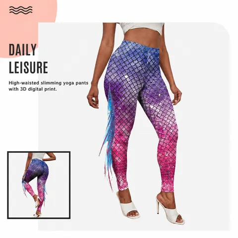 Leggings Stampati a Squame di Pesce Sirena da Donna Vita Alta Push-Up 3D Elastici Pantaloni da Yoga Corti Festa Clubwear