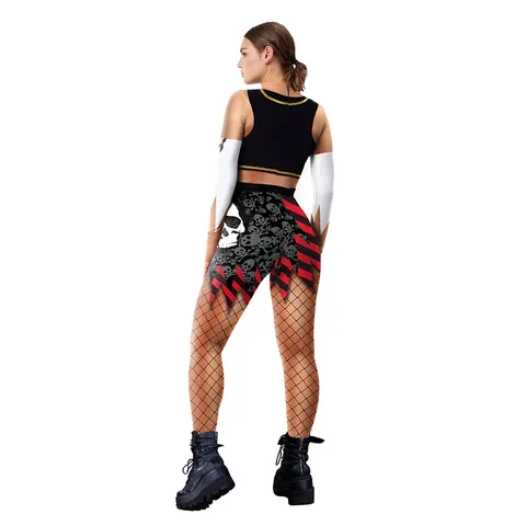 Women Halloween Pirate Cosplay Costume Digital Print Bodysuit Crop Top Mesh Tights Sleeve Set Party Performance Outfit