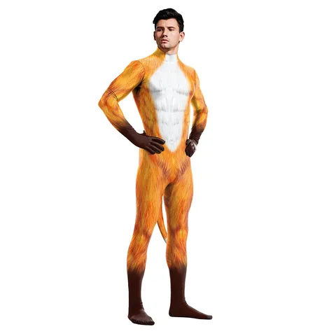 Unisex Erwachsene Tier Cosplay Fuchs Bedruckt Jumpsuit Langarm Stehkragen Slim Fit Bodysuit Für Bühnenperformance Party Kostüm