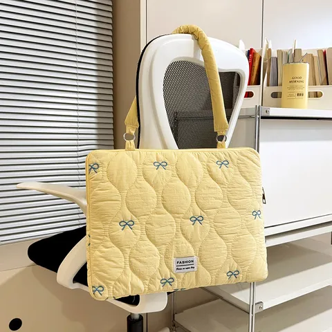 Korean Style Quilted Nylon Laptop Bag With Bow Embroidery Cute Puffy Tablet Storage Bag Trendy Women Shoulder Bag