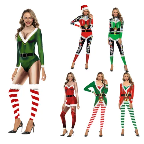 Damen Weihnachten Thema Bedruckt Jumpsuit Langarm Slim Fit Bodysuit Festliche Party Bühnenauftritt Kostüm