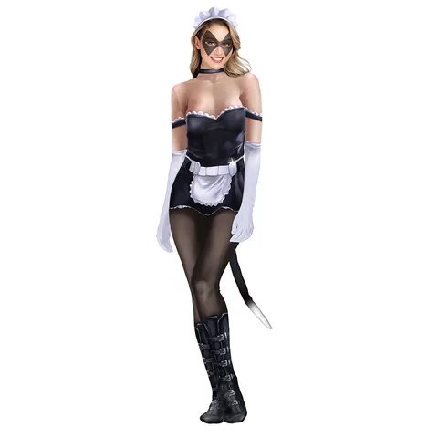 Women Sexy Maid Cosplay Costume Printed Bodysuit Halloween Party Stage Performance Outfit With Headpiece And Tail