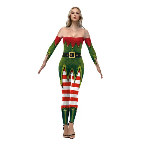 Damen Weihnachten Digital Gedruckt Langarm Body Festliche Party Gestreifter Jumpsuit