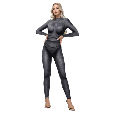 Damen Ganzkörper Bedruckter Jumpsuit Schmale Passform Langarm Rundhals Milchseide Reißverschluss Hinten Geometrisches Muster Performance Kostüm