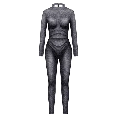 Damen Ganzkörper Bedruckter Jumpsuit Schmale Passform Langarm Rundhals Milchseide Reißverschluss Hinten Geometrisches Muster Performance Kostüm