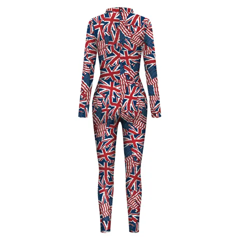 Damen Unabhängigkeitstag USA Flagge 3D Digitalgedruckt Langarm Bodycon Jumpsuit Schmale Passform Body Party Clubwear