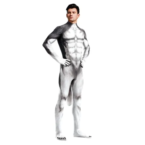 Heren Husky Cosplay Bodysuit Polyester Elastaan 3D Digitaal Bedrukt Lange Mouw Jumpsuit met Staart Feest Kostuum