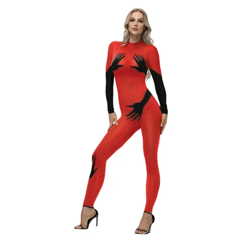 Damen Halloween Gothic Langarm Stehkragen 3D Digitaldruck Schmale Bodysuit Bühnenauftritt Jumpsuit Party Kostüm