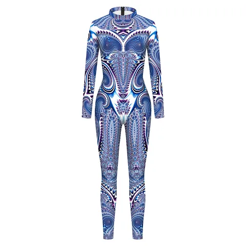 Damen Digitaldruck Langarm Stehkragen Jumpsuit Slim Fit Stretch Body Geometrisches Muster Club Party Romper