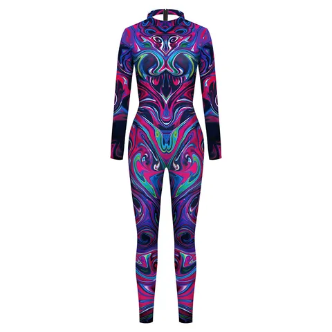 Damen Digitaldruck Langarm Stehkragen Jumpsuit Slim Fit Stretch Body Geometrisches Muster Club Party Romper