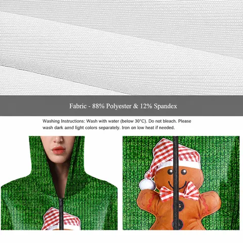 Damen Weihnachten Mit Kapuze Reißverschluss Jumpsuit Onesie Langarm Cartoon Print Lässig Lose Winter Schlafanzug Romper